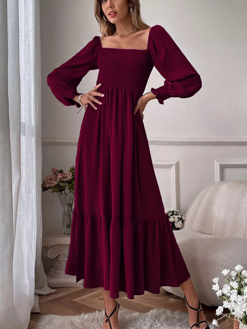 Smocked Long Sleeve Midi Dress, image 17