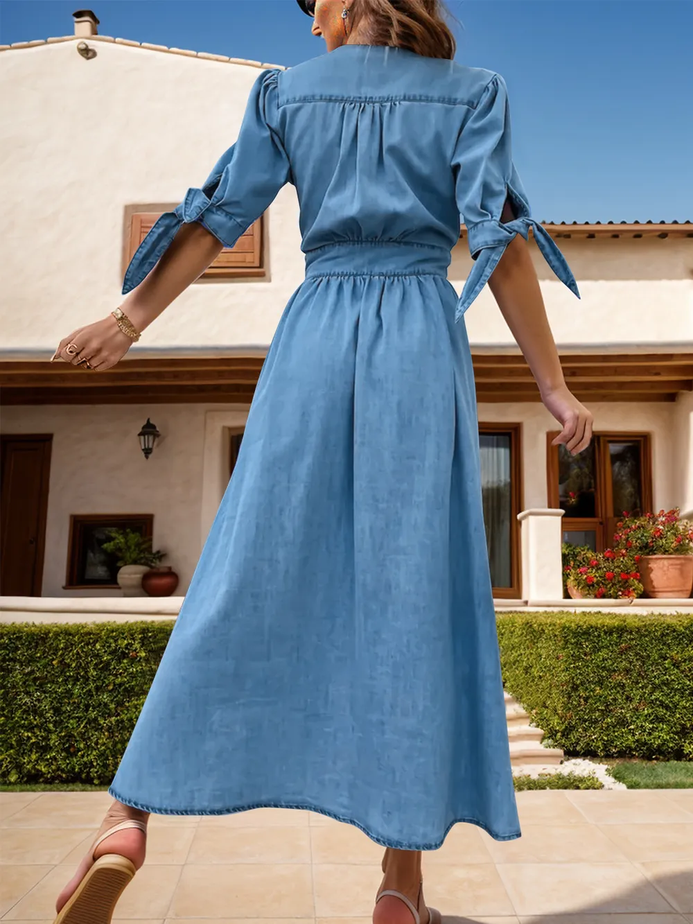 Plunge Button Up Half Sleeve Denim Dress, image 2