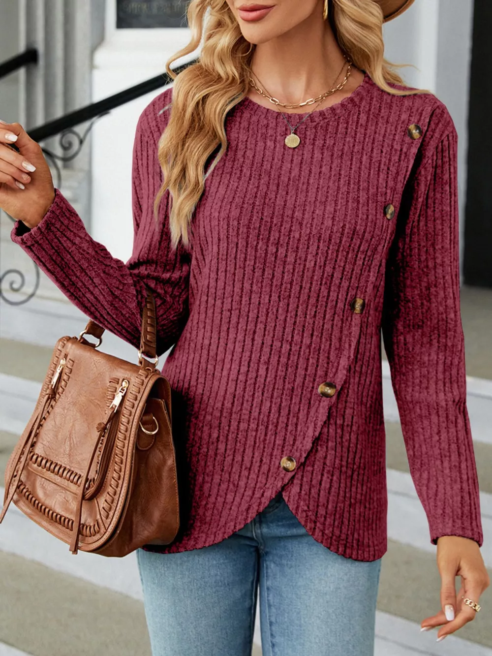 Ribbed Knit Decor Button T-Shirt, image 10