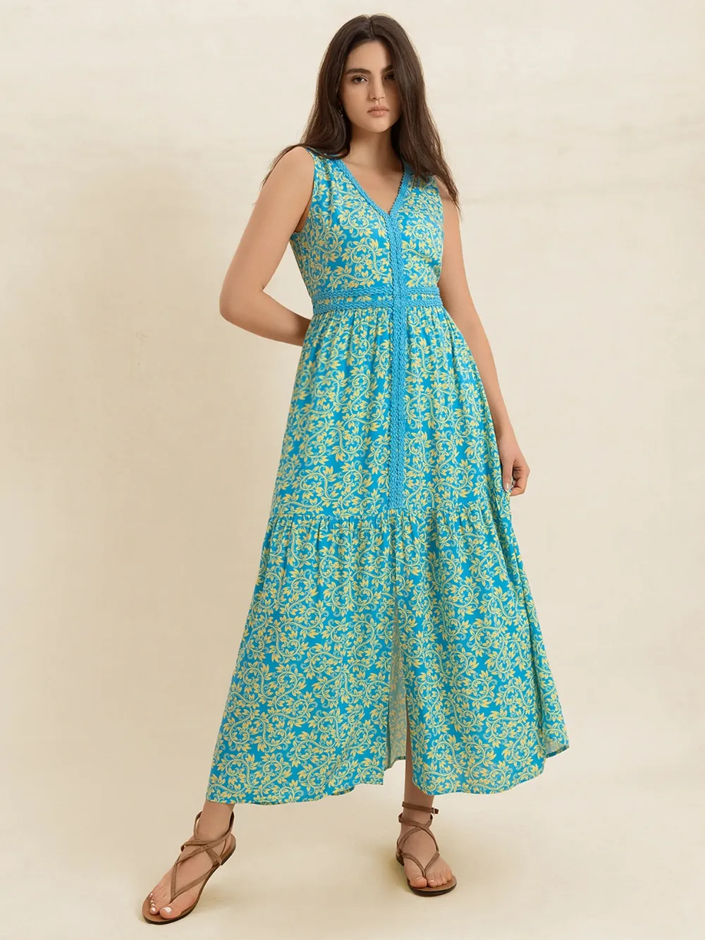 Slit Printed V-Neck Sleeveless Dress, image 3