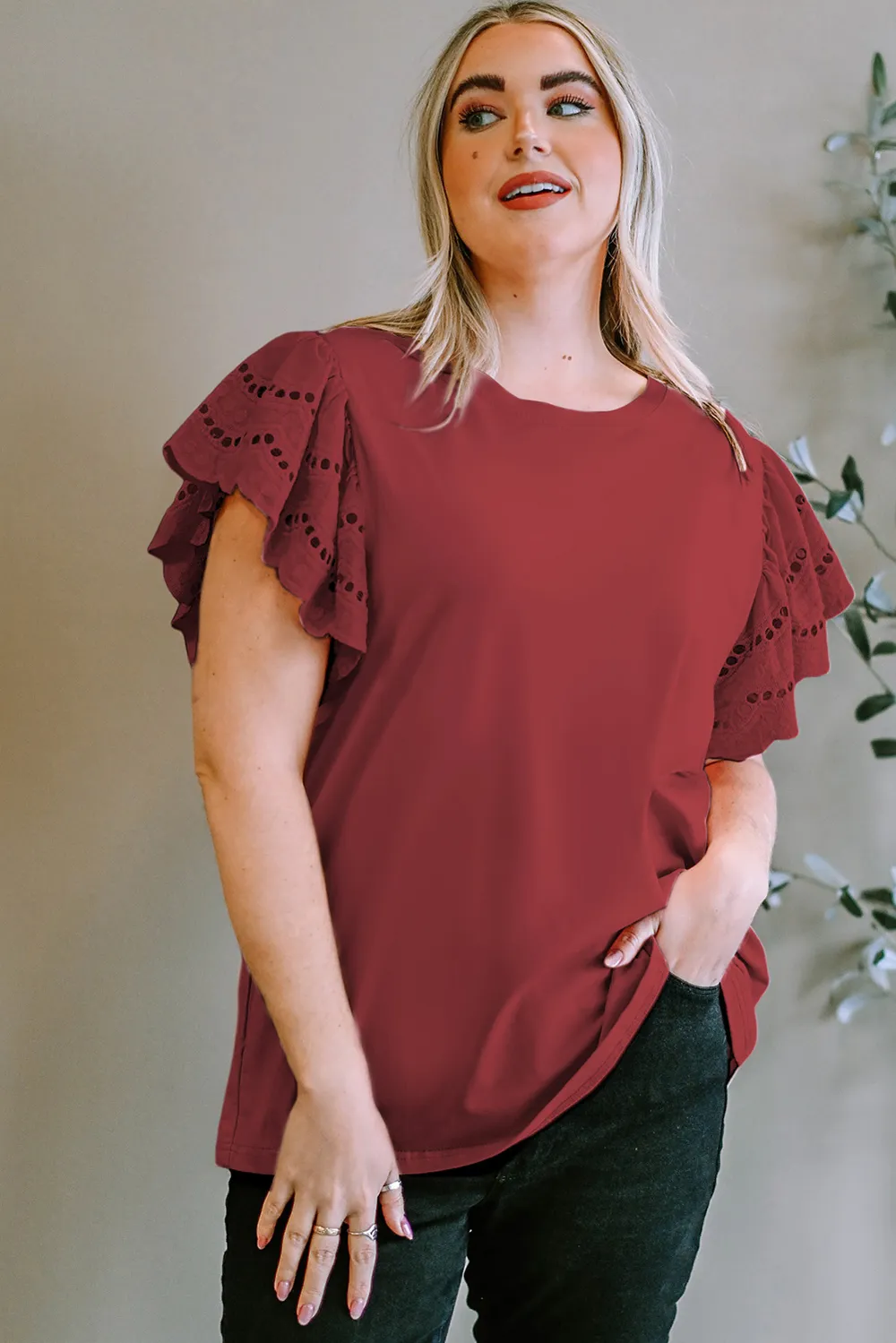 Plus Size Eyelet Round Neck Short Sleeve Blouse, image 3