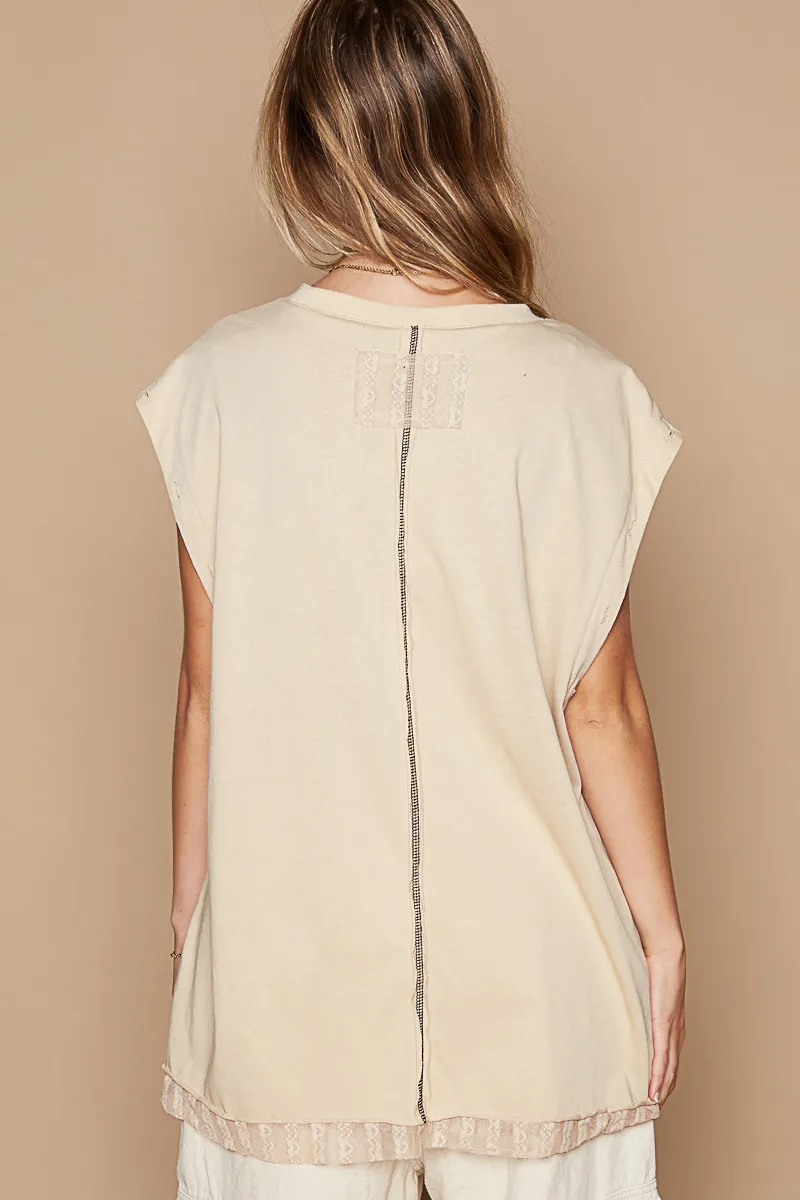 Star Patch Studded Sleeveless T-Shirt with Lace Hem, image 4