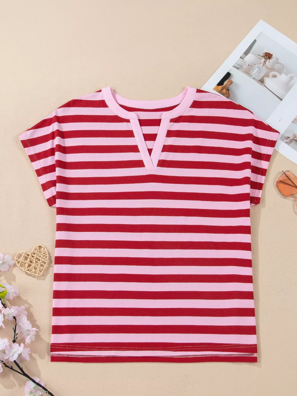 Stripe Split V Neck Casual T Shirt, image 3