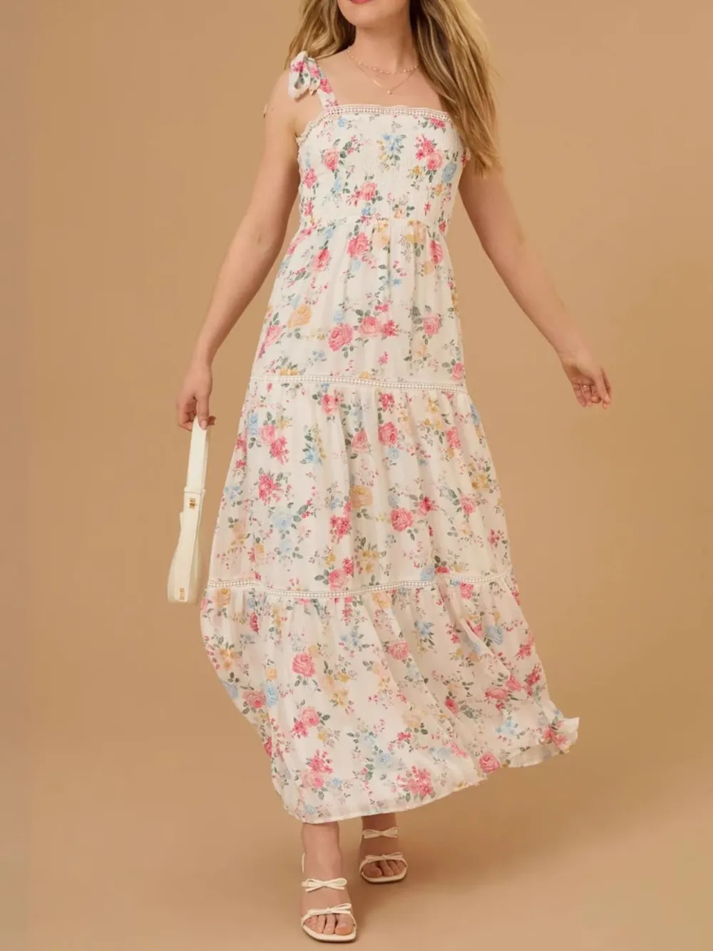 Floral Smocked Tiered Maxi Dress with Tie Straps