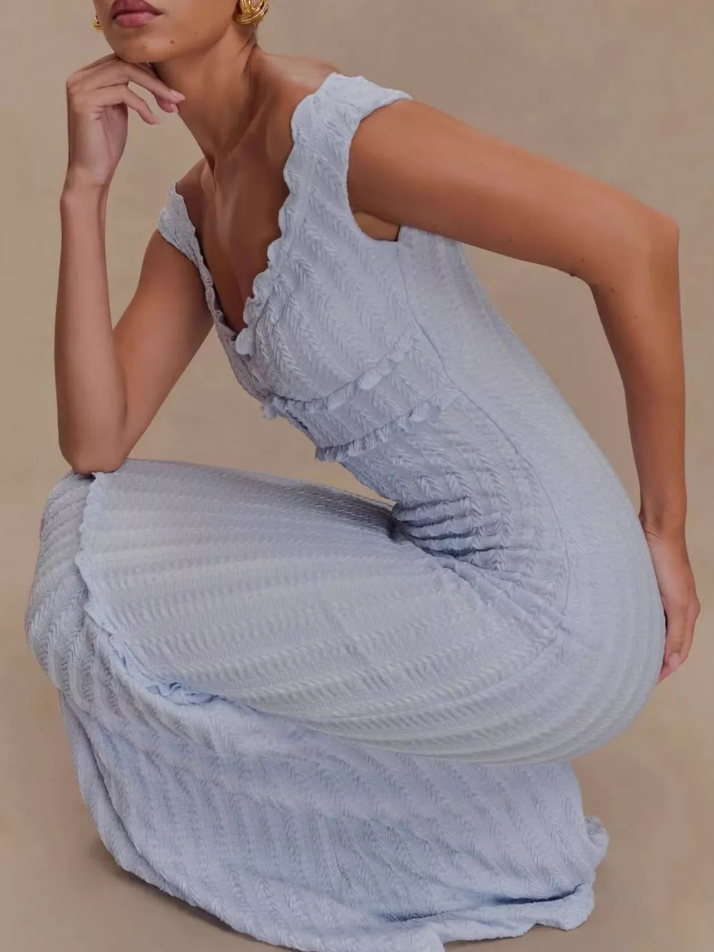 Frill Off-Shoulder Knit Maxi Mermaid Dress, image 2
