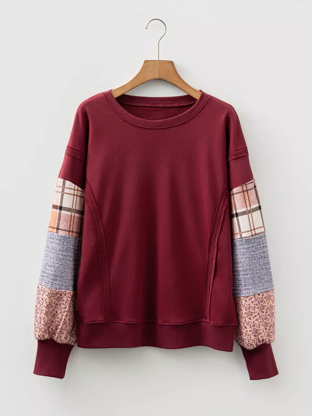 Plaid Colorblock Patchwork Sleeve Raw Seam Sweatshirt, image 7