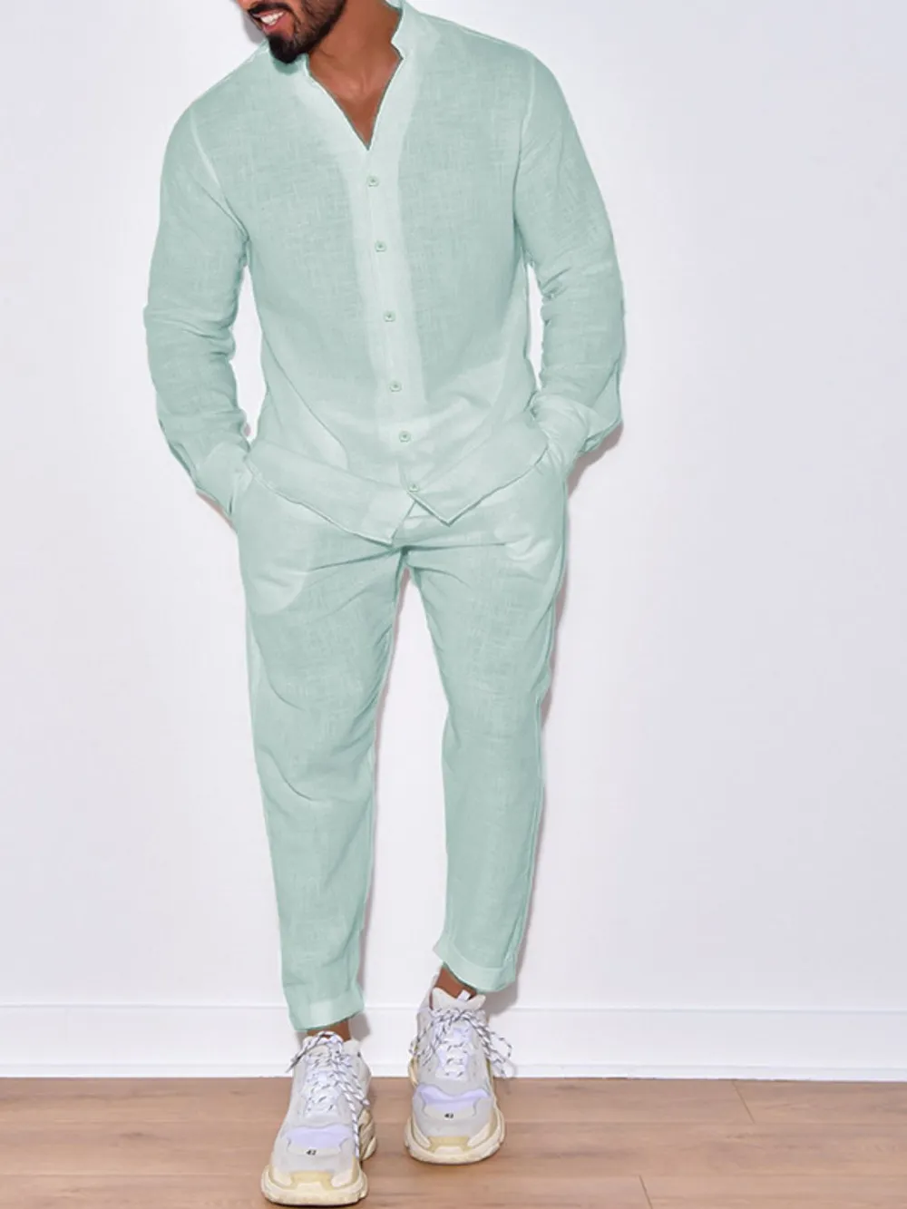 Men's Button Up Long Sleeve Top and Pants Set, image 3