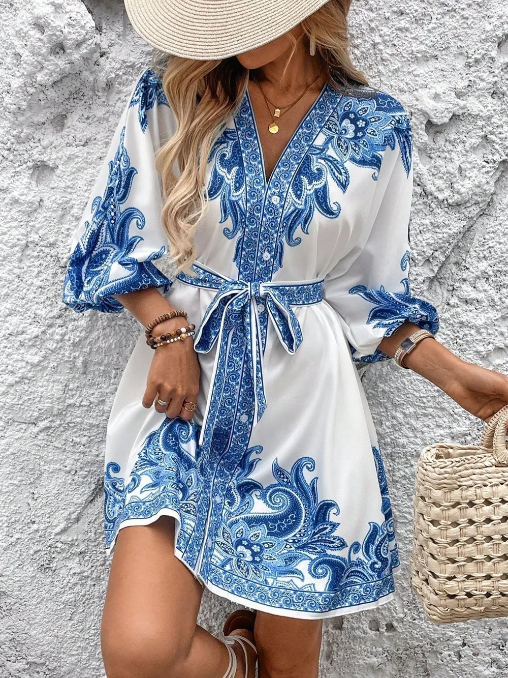 Printed V-Neck Balloon Sleeve Mini Dress, image 5