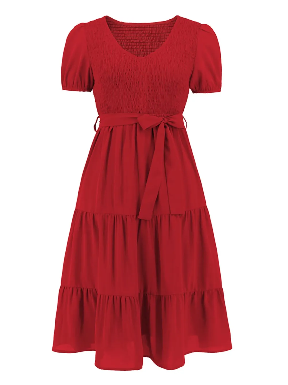 Smocked Tie Front Short Sleeve Tiered Dress, image 6