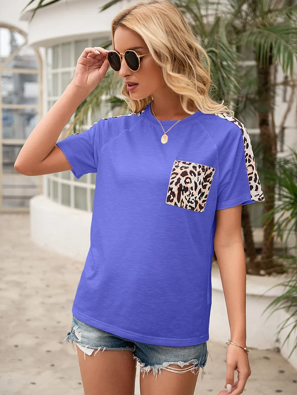 Pocketed Leopard Round Neck Short Sleeve T-Shirt, image 9