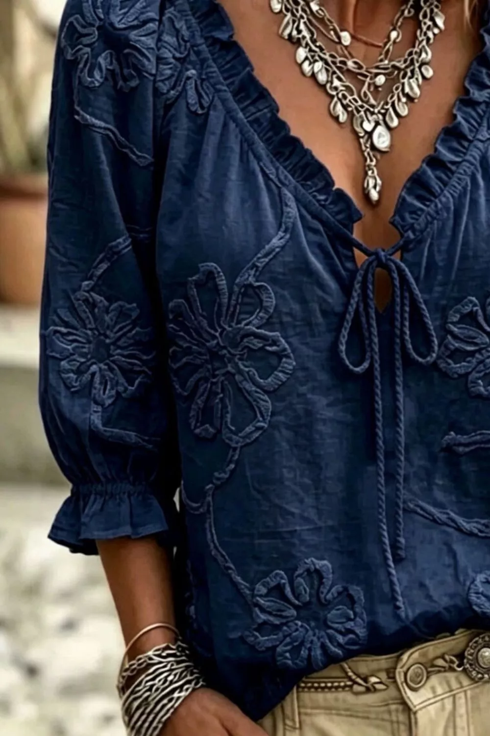 Floral Tie Neck 3/4 Sleeve Blouse, image 9