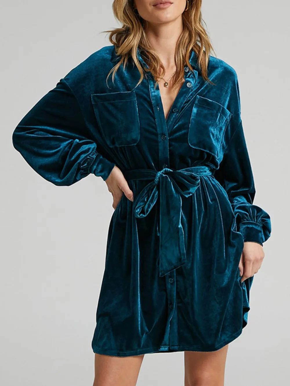 Collared Neck Button Down Long Sleeve Mini Dress, image 4