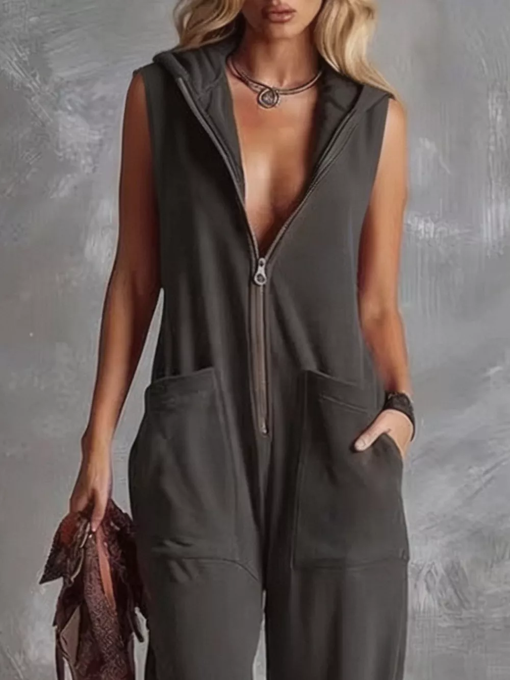 Sleeveless Hooded Zip-Front Casual Jumpsuit, image 6