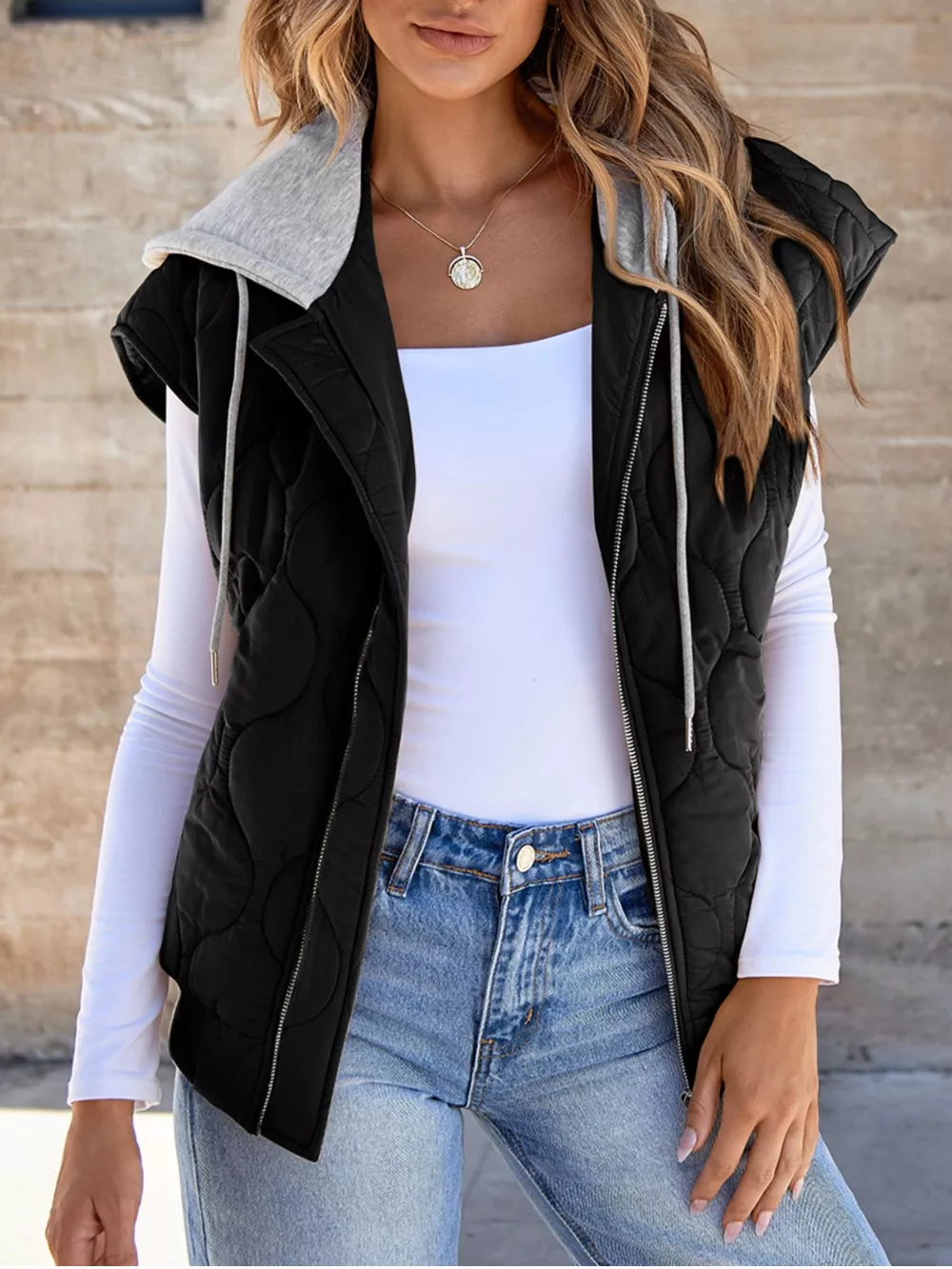 Quilted Drawstring Hooded Zip Up Puffer Vest, image 2