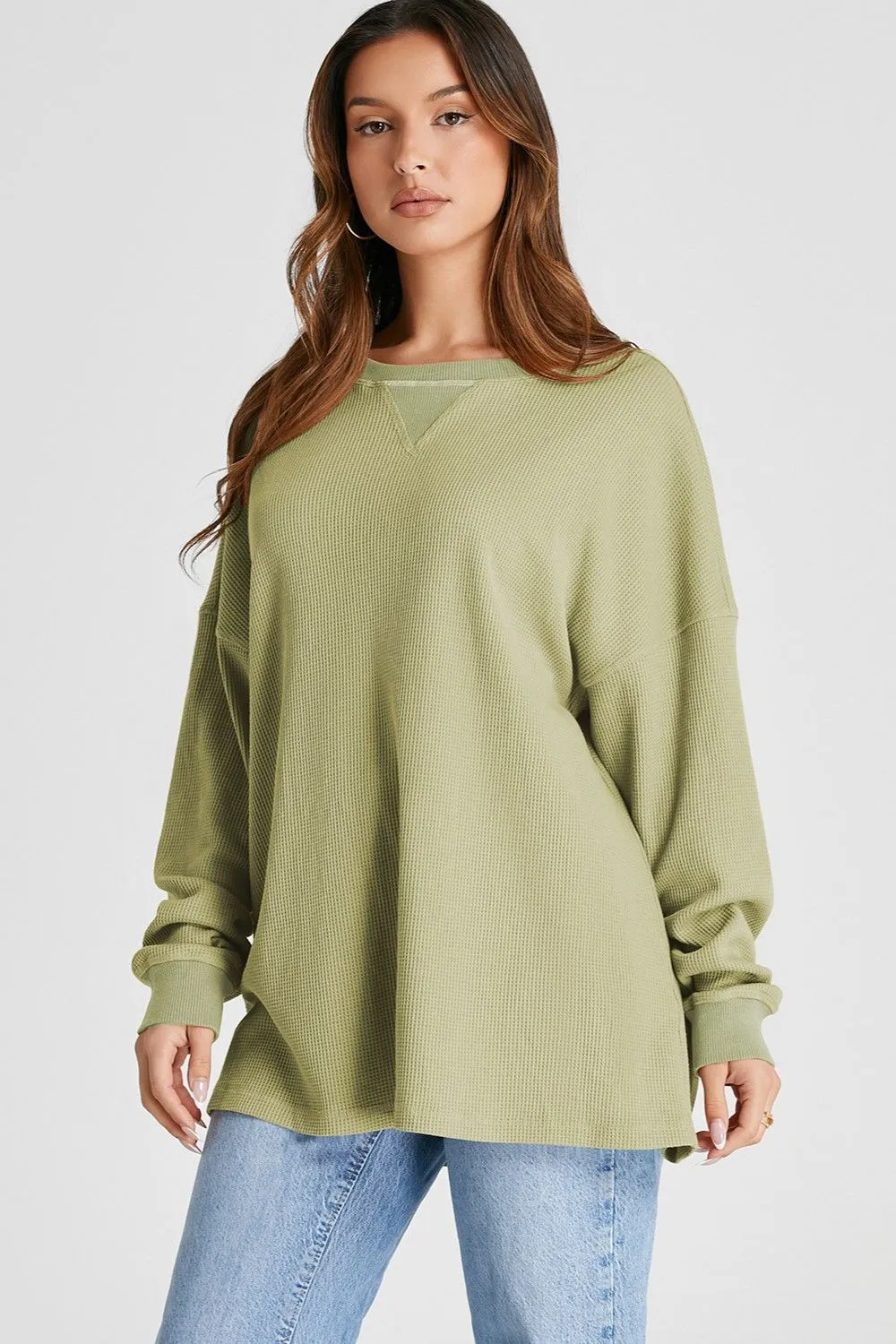 Waffle-Knit Long Sleeve Sweatshirt, image 8