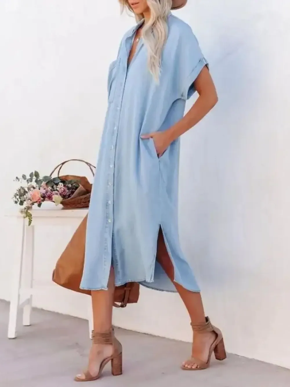 Button Down Denim Midi Shirt Dress, image 4