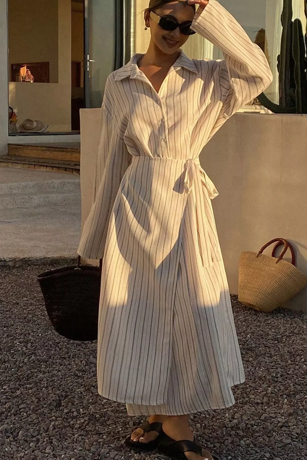 Striped Button-Down Shirt Dress with Waist Tie, image 3