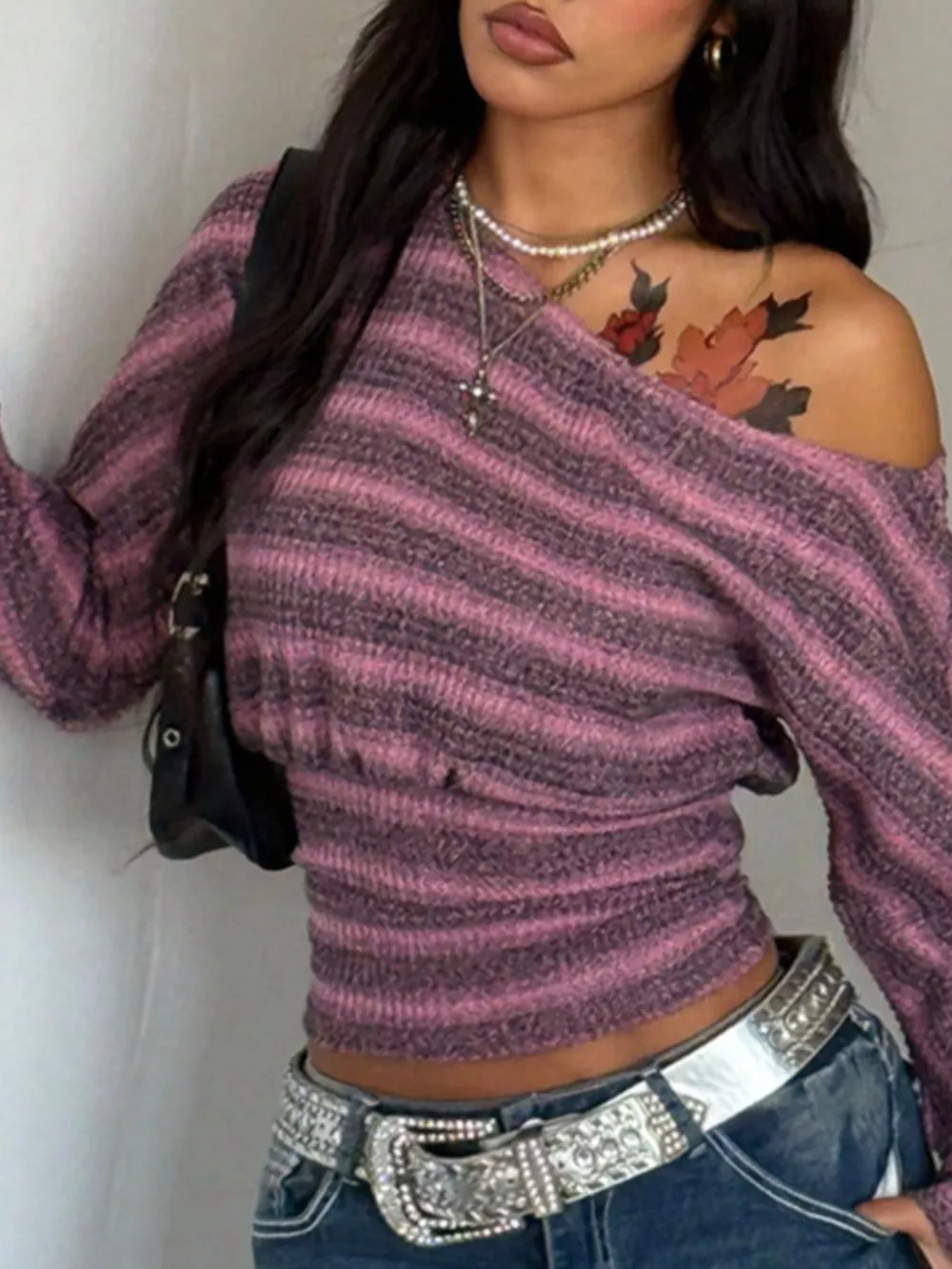 Off-Shoulder Striped Cropped Knit Top, image 7