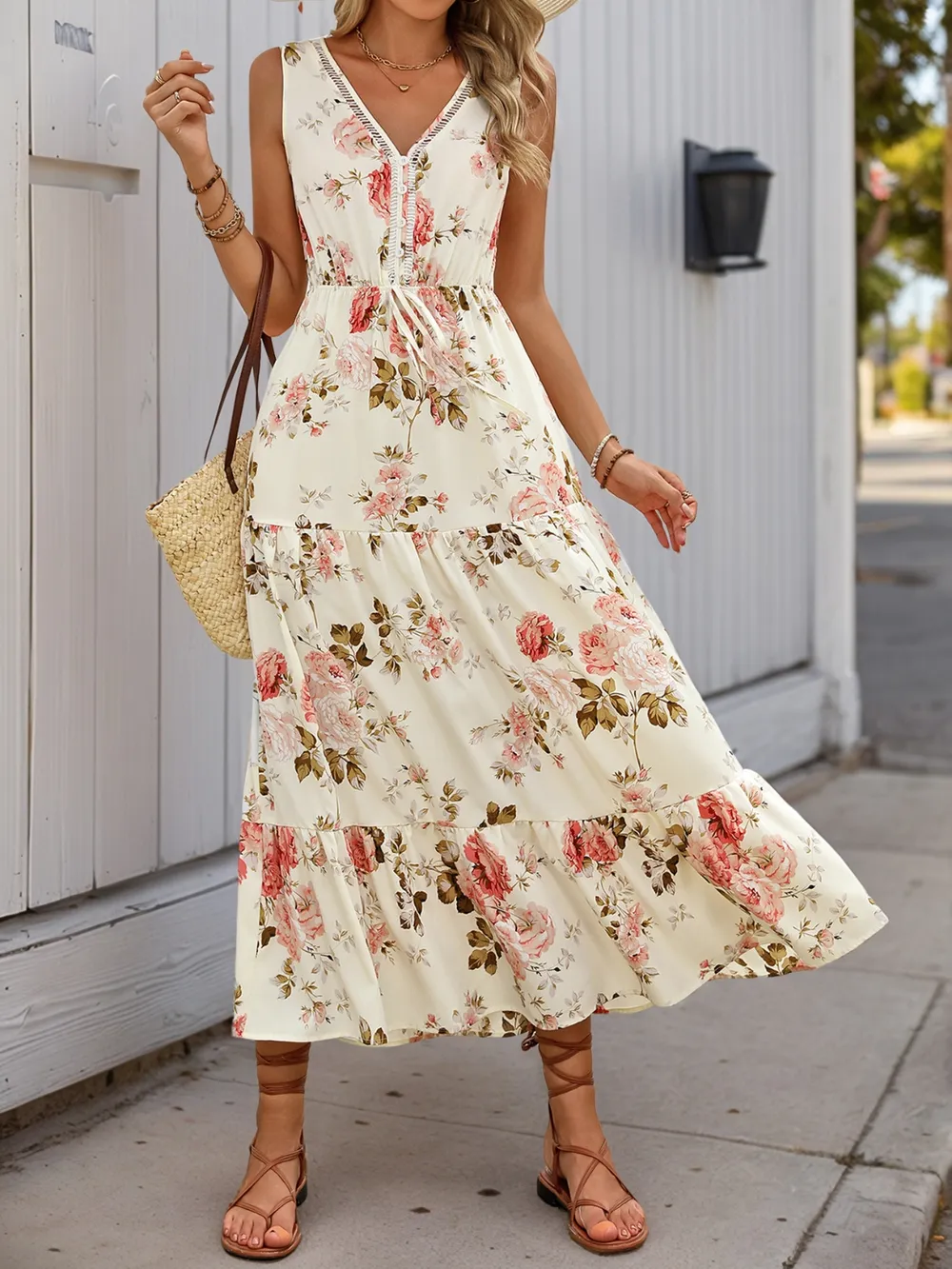 Printed Ruffled Hem V-Neck Sleeveless Dress, image 4