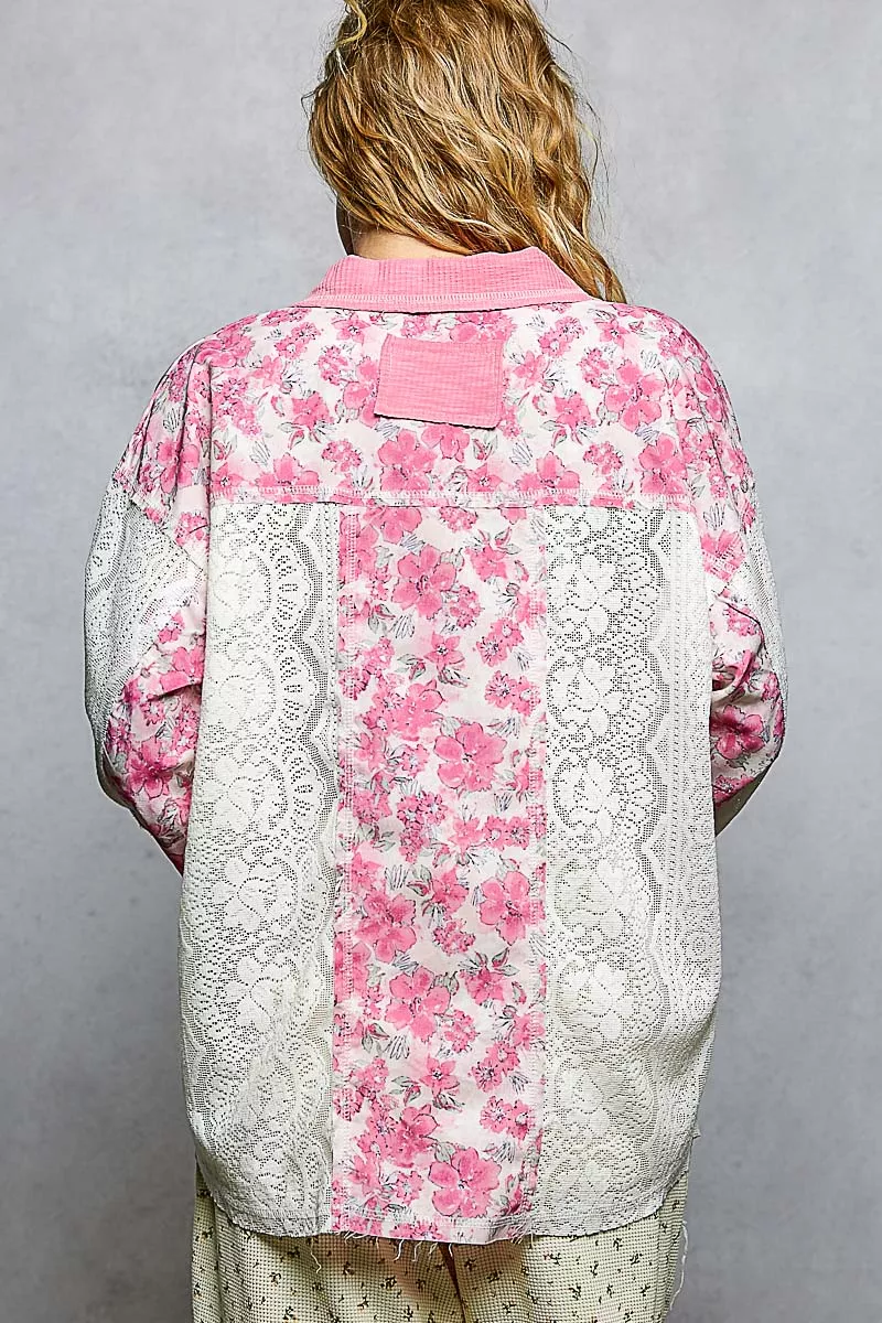 Floral Print Long Sleeve Lace Shirt with Front Pocket, image 3