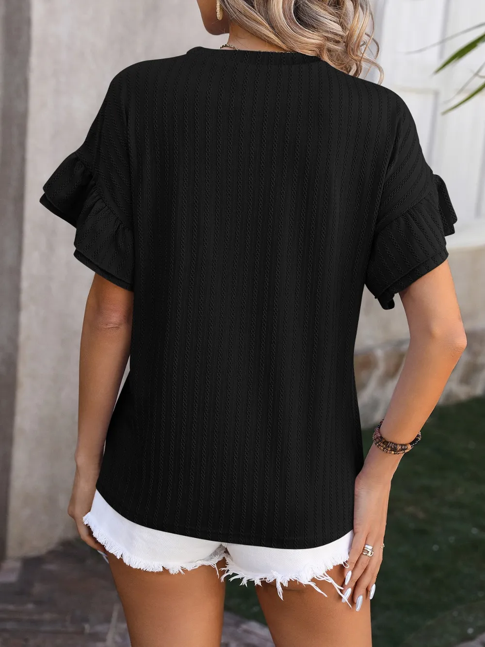 Ruffled Round Neck Short Sleeve Blouse, image 4