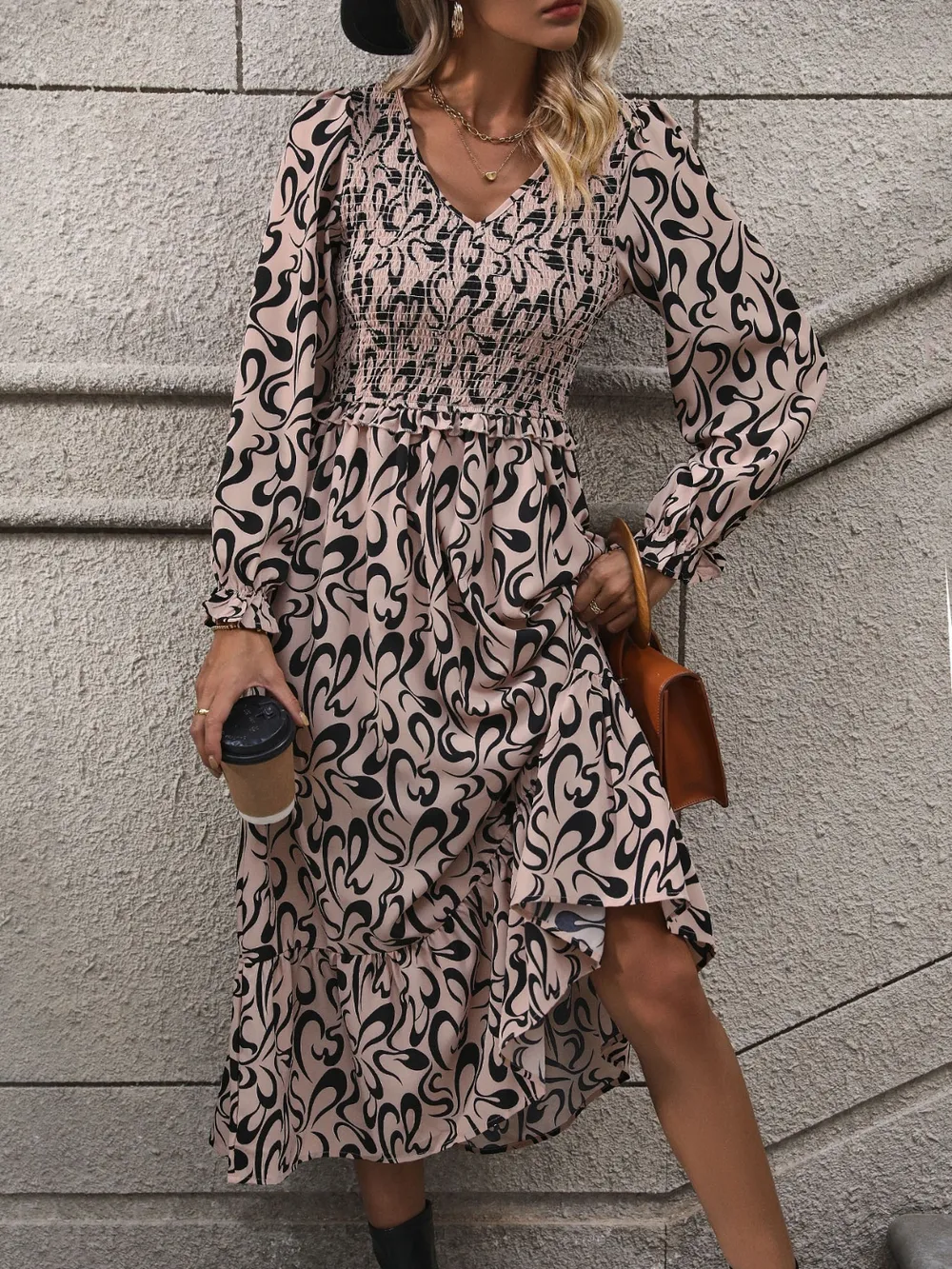 Printed V-Neck Long Sleeve Midi Dress, image 5