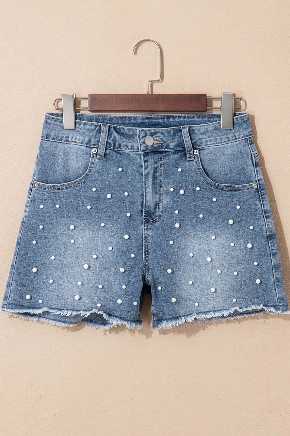 Pearl Beaded Raw Hem Wash Denim Shorts, image 3