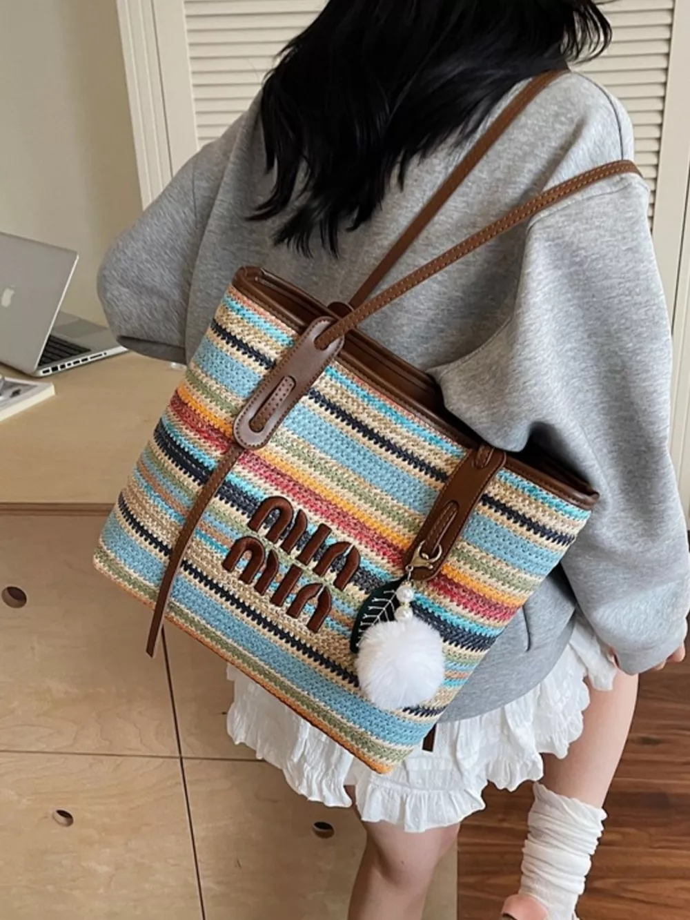Striped Woven Shoulder Bag, image 4