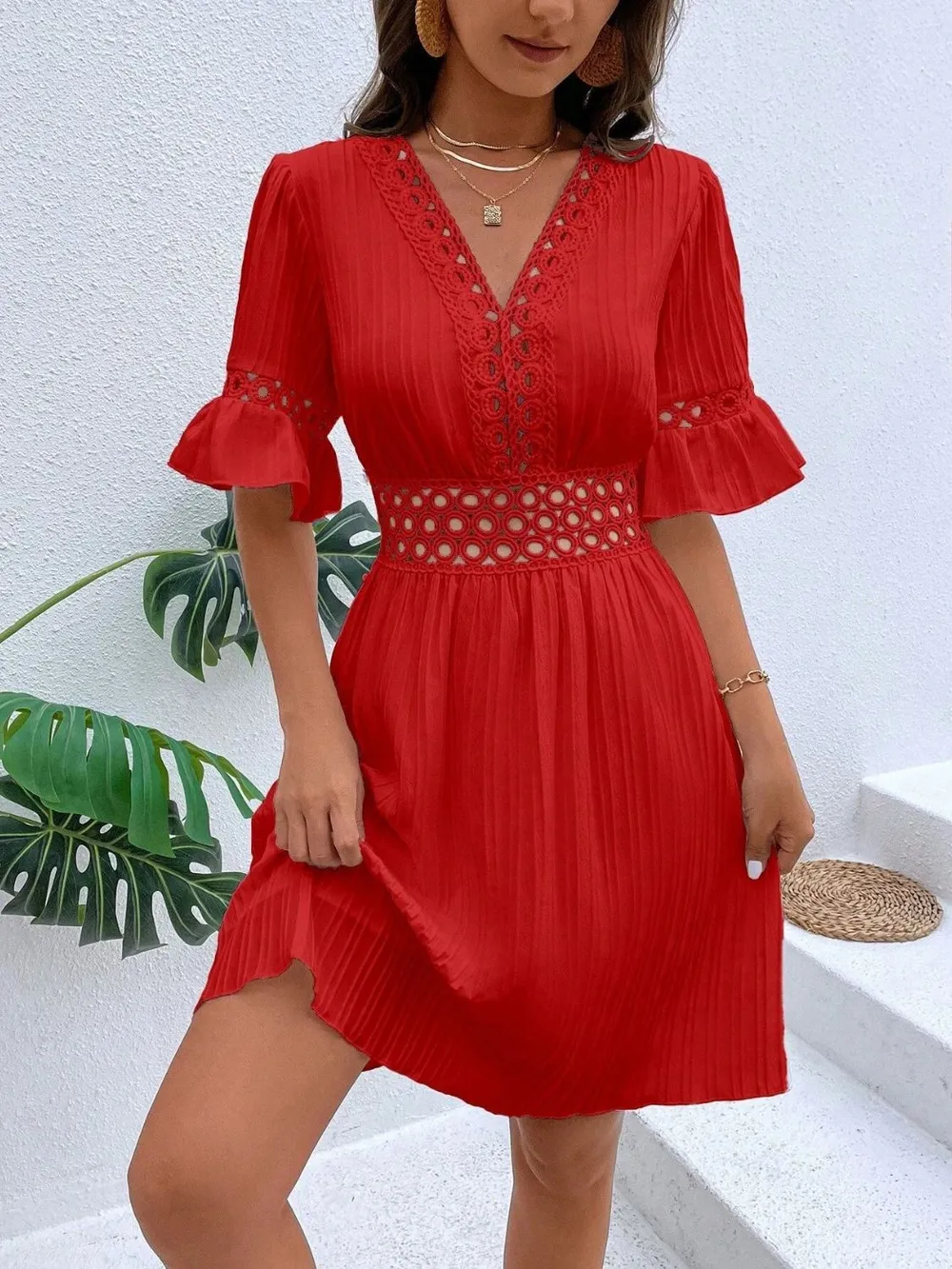 Cutout V-Neck Flounce Sleeve Mini Dress, image 8