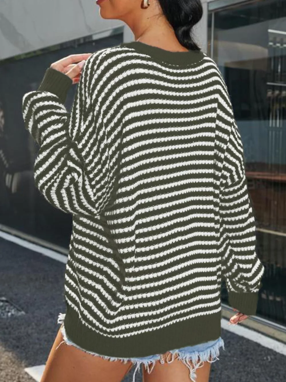 Striped Round Neck Drop Shoulder Sweater, image 6