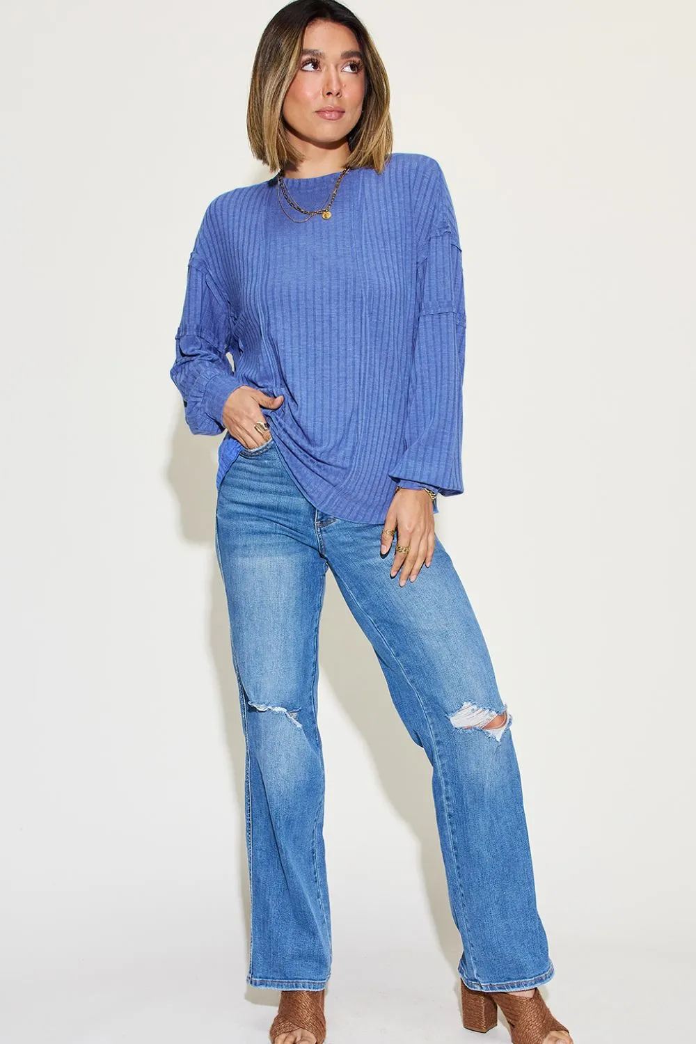 Full Size Ribbed Round Neck Long Sleeve T-Shirt, image 9