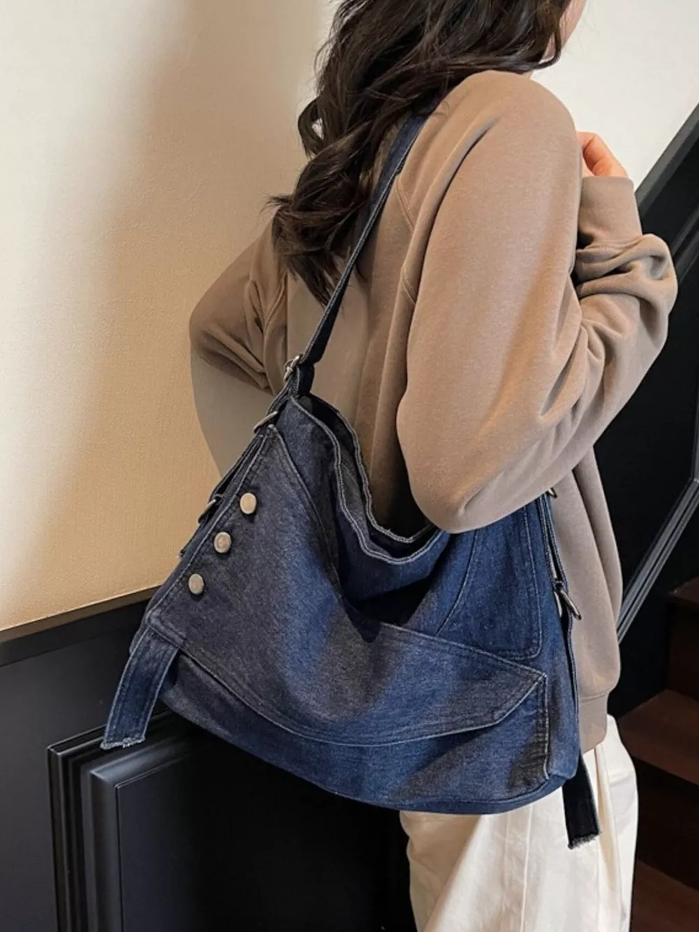 Casual Denim Crossbody Bag with Button Detail, image 6