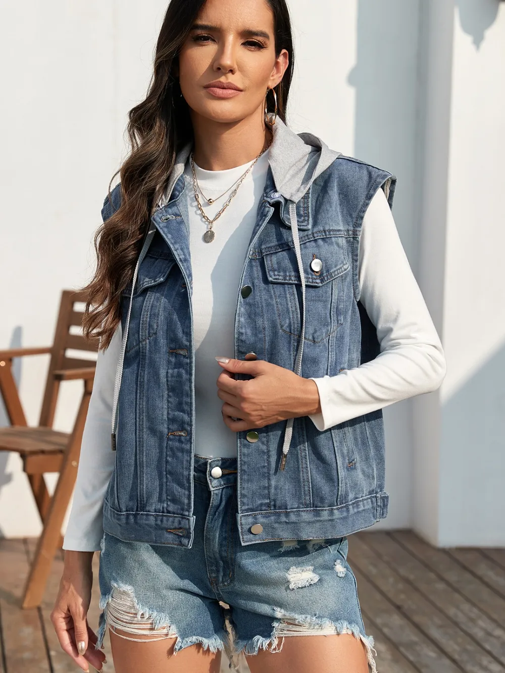 Pocketed Button Up Hooded Denim Jacket, image 6
