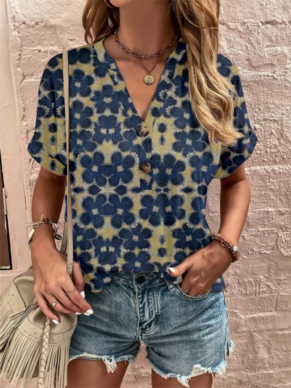 Full Size Printed Notched Short Sleeve Blouse, image 4