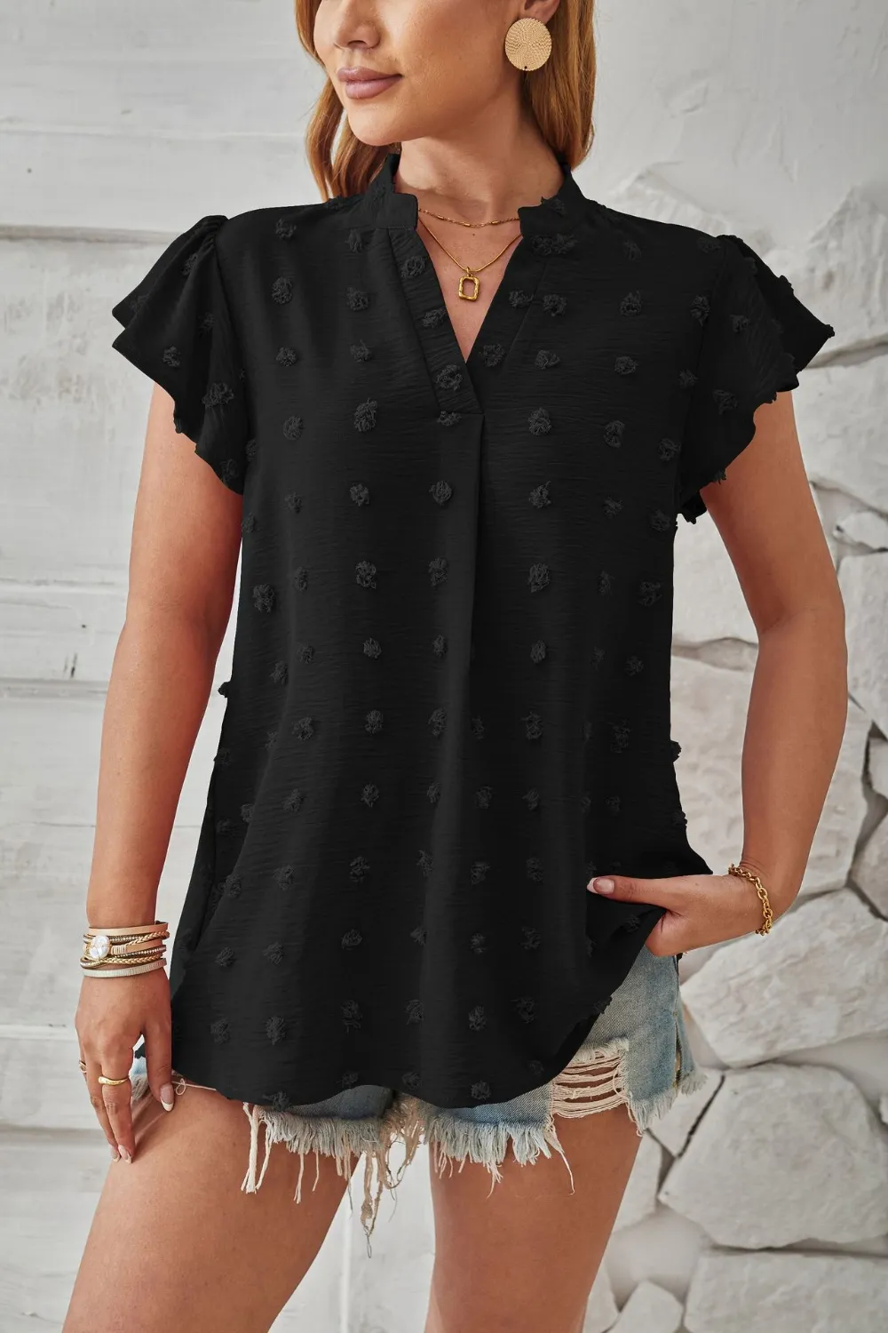 Swiss Dot Notched Cap Sleeve T-Shirt, image 4