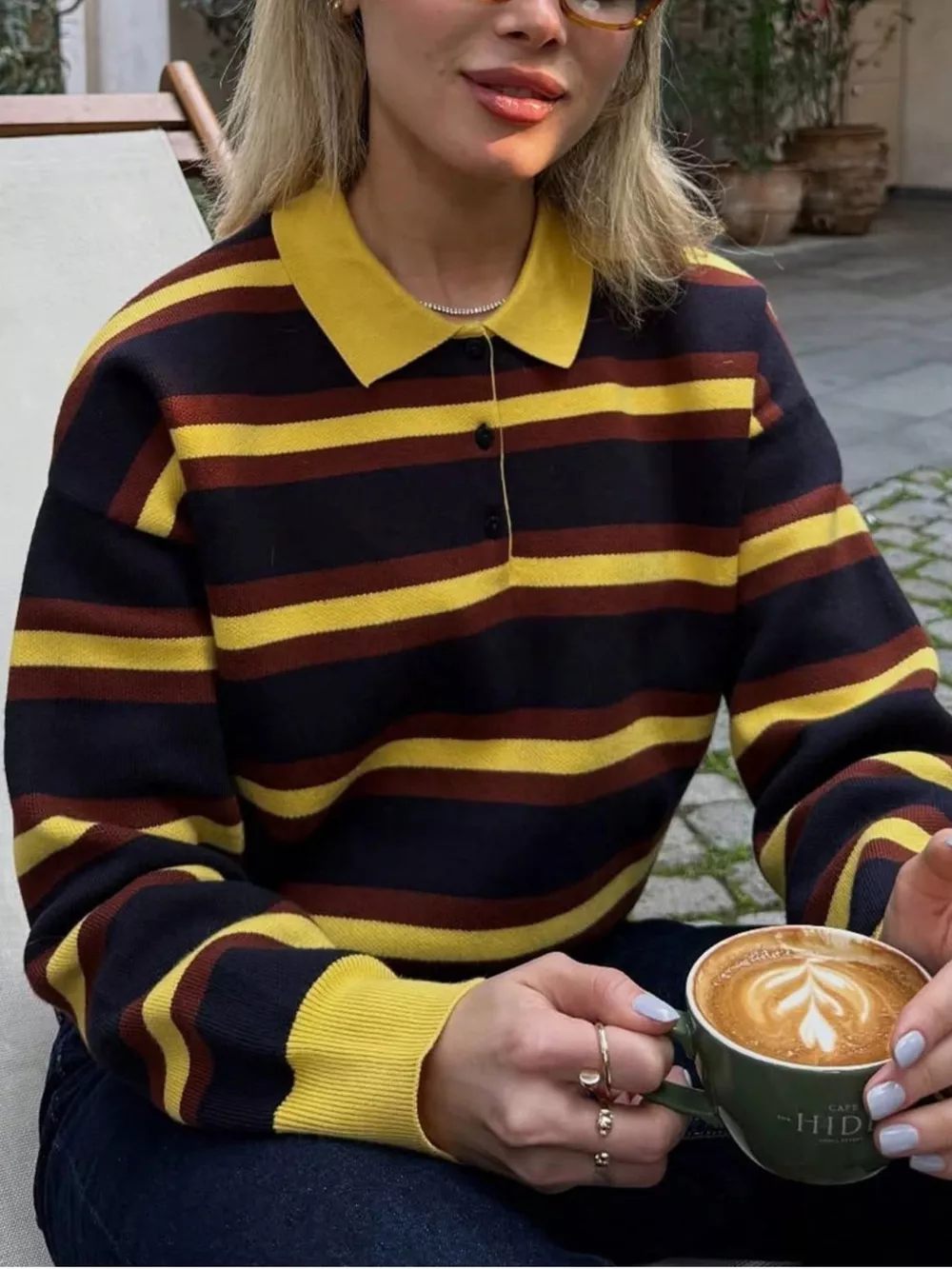 Striped Polo Collar Knit Sweater, image 4