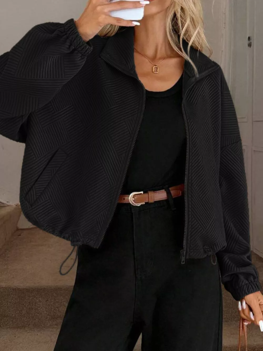 Textured Zip-Up Drawstring Hem Jacket, image 9