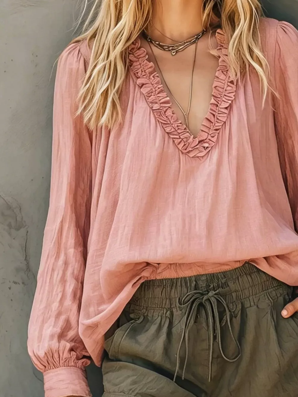 Bohemian Ruffled V-Neck Long Sleeve Blouse, image 2