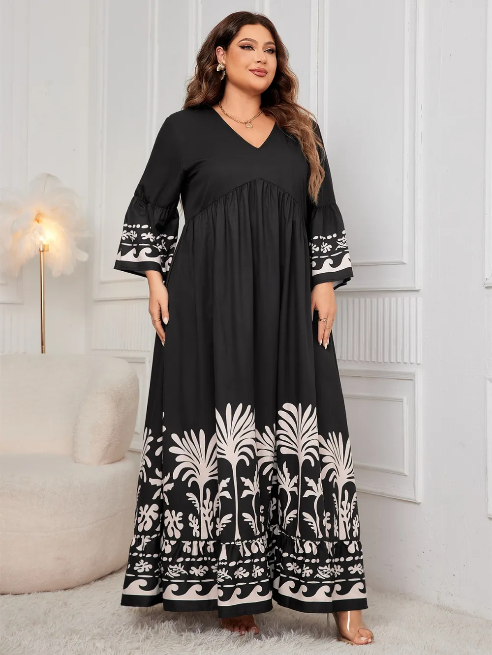 Plus Size Printed V-Neck Long Sleeve Maxi Dress, image 2