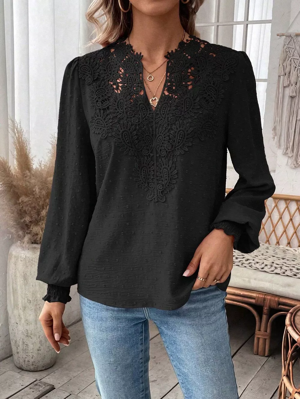 Lace Trim Long Sleeve Blouse, image 9