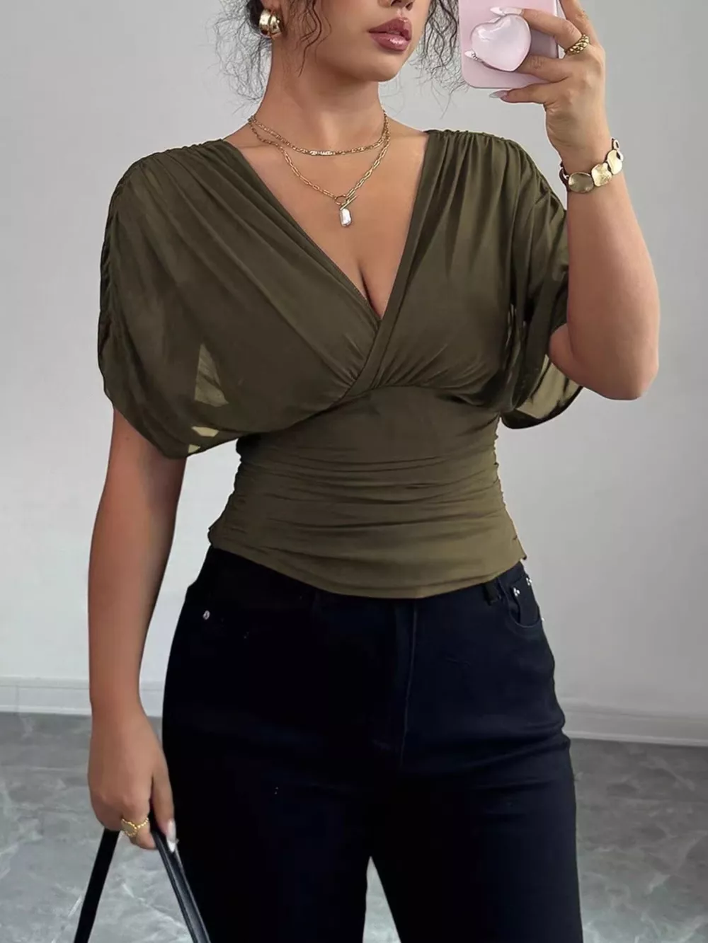 Ruched Surplice Short Sleeve Top, image 7