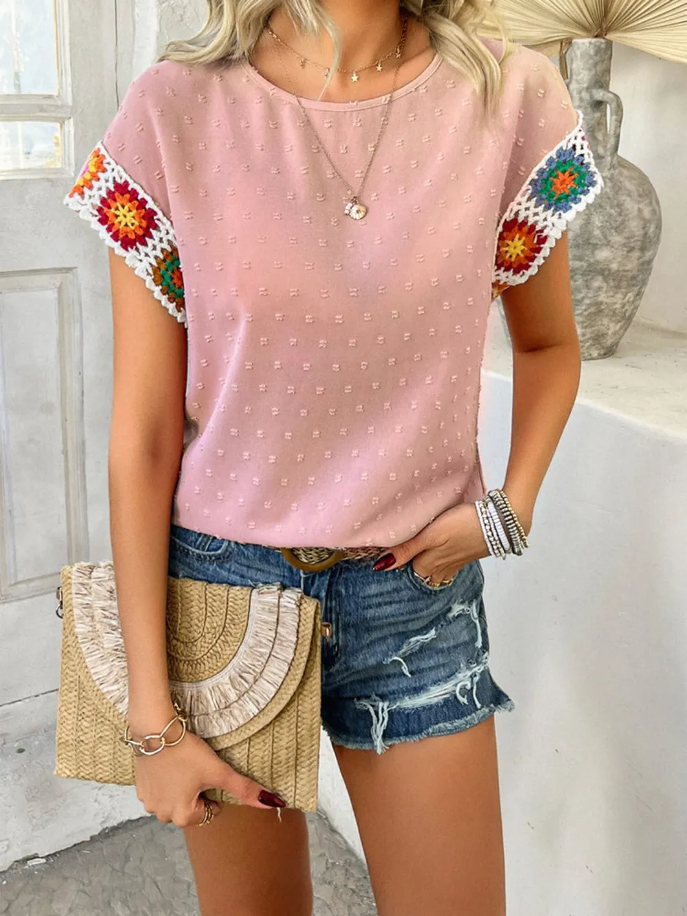 Swiss Dot Round Neck Crochet Short Sleeve Top, image 7