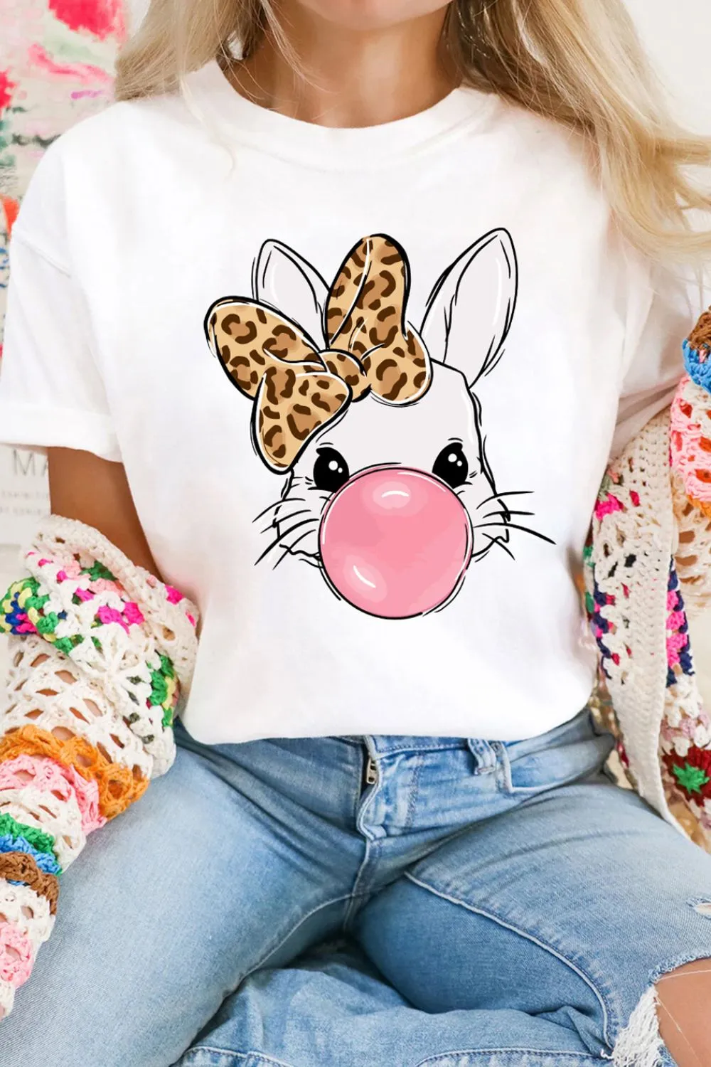 Leopard Bow Rabbit Graphic Round Neck Short Sleeve T-Shirt, image 3