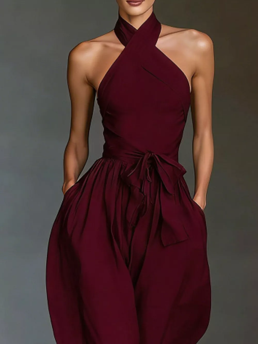 Halter Neck Wide-Leg Jumpsuit with Waist-Tie Detail, image 10