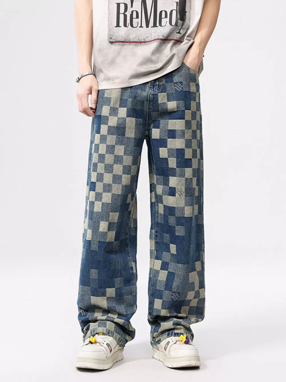 Men's Checkered Wide Leg Jeans, image 2