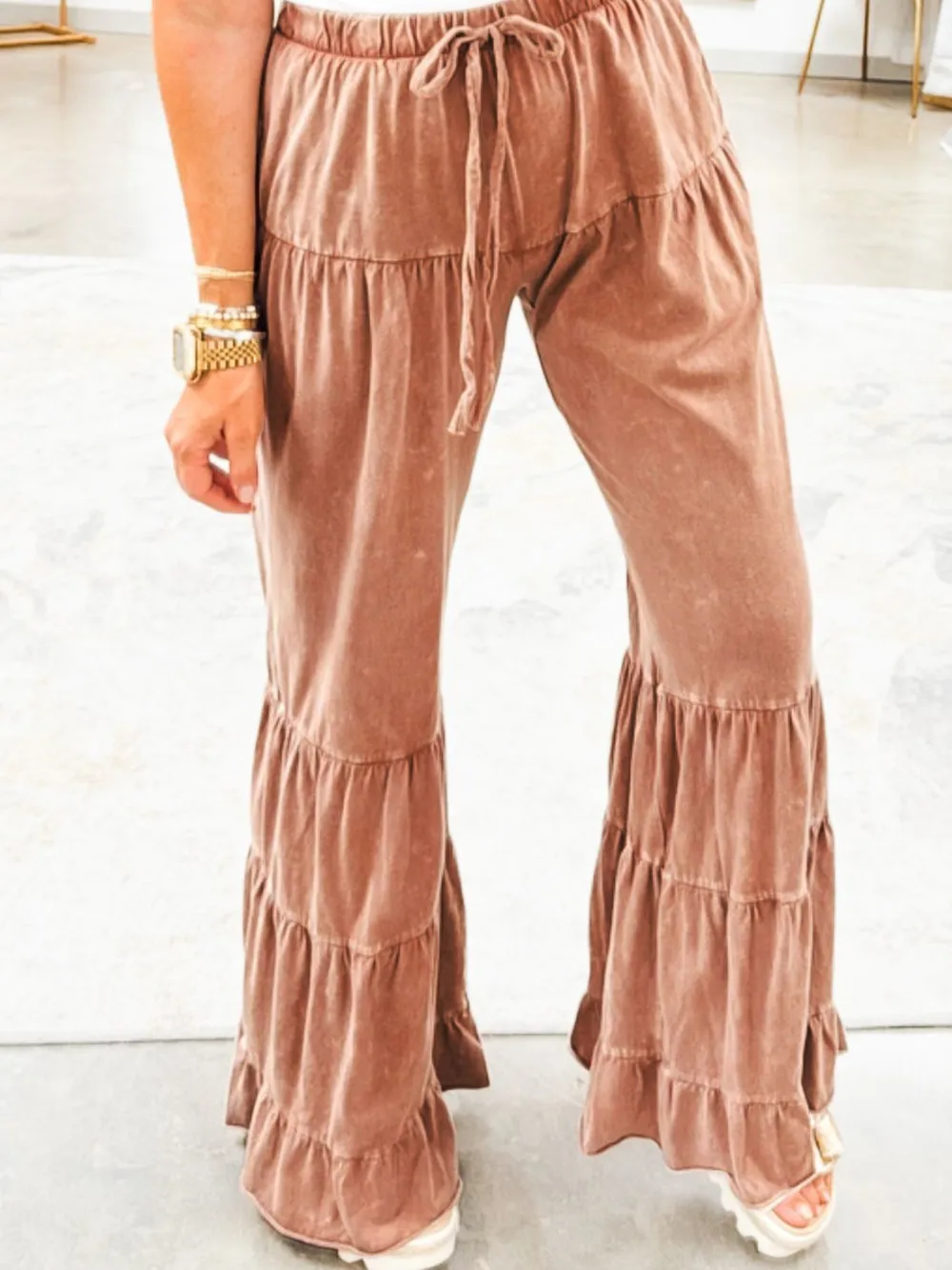 Drawstring Flare Ruffle Pants, image 2