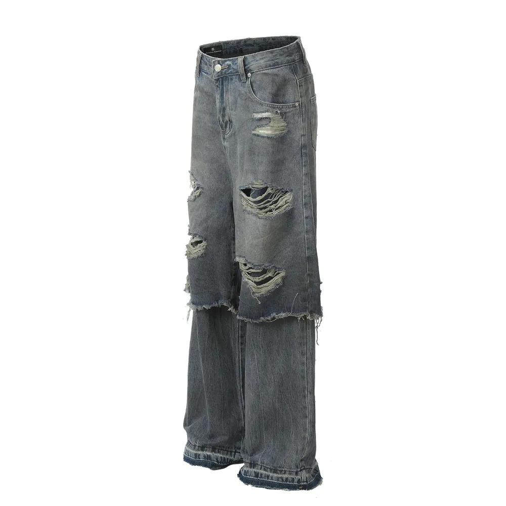 Men's Distressed Wide Leg Layered Denim Jeans, image 2
