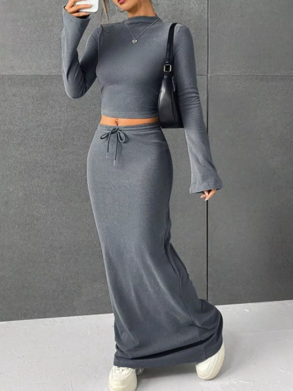 Long Sleeve Top & Drawstring Maxi Skirt Set, image 2