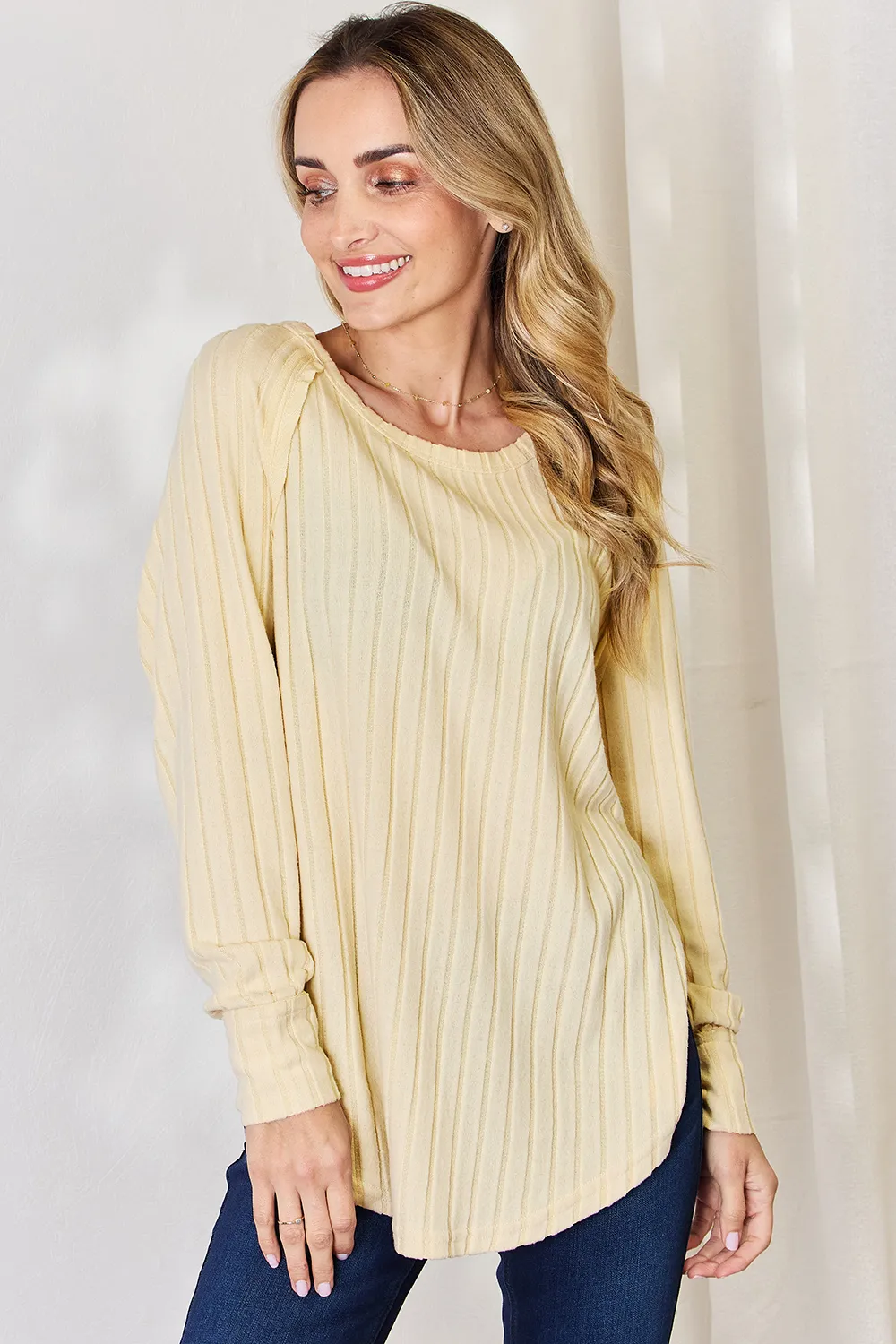 Full Size Ribbed Round Neck Slit T-Shirt, image 9