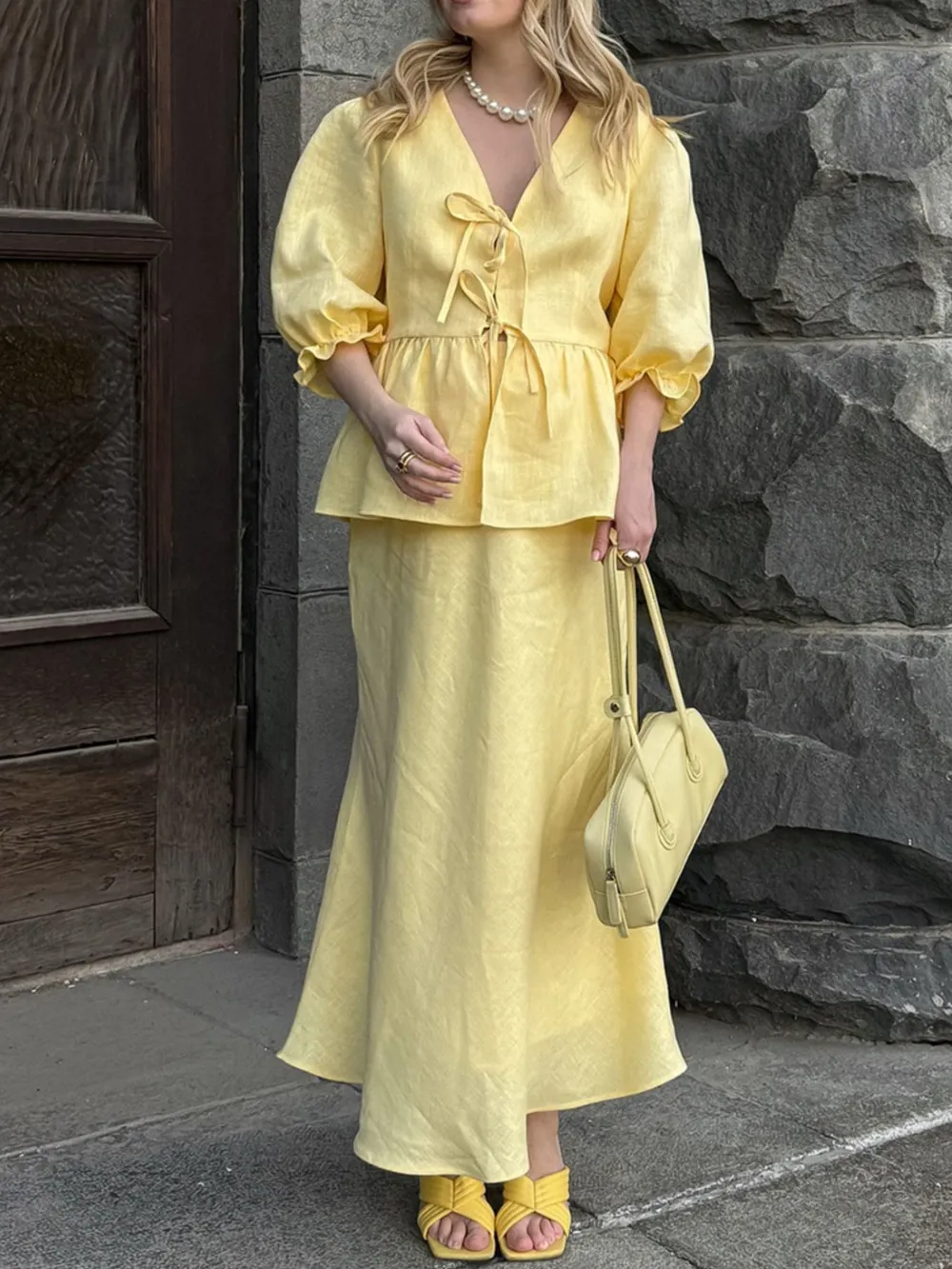 Tie Front Peplum Top and Skirt Set, image 5